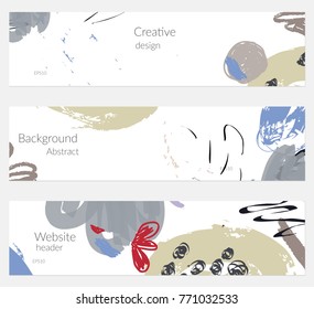 Hand drawn creative universal banner set. Abstract scribbles doodles bright colors. Website header social media advertisement sale brochure templates. Isolated vector banner templates.
