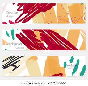 Hand drawn creative universal banner set. Abstract scribbles doodles bright colors. Website header social media advertisement sale brochure templates. Isolated vector banner templates.