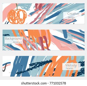 Hand drawn creative universal banner set. Abstract scribbles doodles bright colors. Website header social media advertisement sale brochure templates. Isolated vector banner templates.