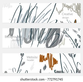 Hand drawn creative universal banner set. Abstract scribbles doodles bright colors. Website header social media advertisement sale brochure templates. Isolated vector banner templates.