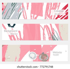 Hand drawn creative universal banner set. Abstract scribbles doodles bright colors. Website header social media advertisement sale brochure templates. Isolated vector banner templates.