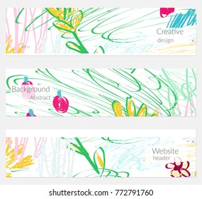 Hand drawn creative universal banner set. Abstract scribbles doodles bright colors. Website header social media advertisement sale brochure templates. Isolated vector banner templates.