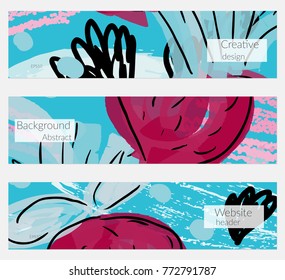 Hand drawn creative universal banner set. Abstract scribbles doodles bright colors. Website header social media advertisement sale brochure templates. Isolated vector banner templates.