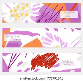 Hand drawn creative universal banner set. Abstract scribbles doodles bright colors. Website header social media advertisement sale brochure templates. Isolated vector banner templates.