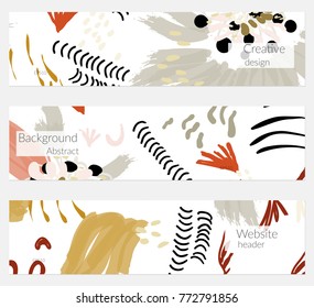 Hand drawn creative universal banner set. Abstract scribbles doodles bright colors. Website header social media advertisement sale brochure templates. Isolated vector banner templates.