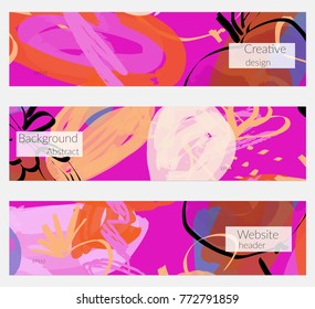 Hand drawn creative universal banner set. Abstract scribbles doodles bright colors. Website header social media advertisement sale brochure templates. Isolated vector banner templates.