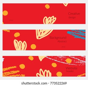 Hand drawn creative universal banner set. Abstract scribbles doodles bright colors. Website header social media advertisement sale brochure templates. Isolated vector banner templates.