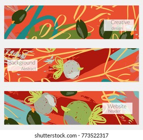 Hand drawn creative universal banner set. Abstract scribbles doodles bright colors. Website header social media advertisement sale brochure templates. Isolated vector banner templates.