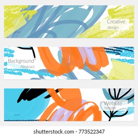 Hand drawn creative universal banner set. Abstract scribbles doodles bright colors. Website header social media advertisement sale brochure templates. Isolated vector banner templates.
