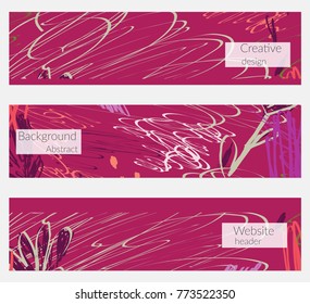 Hand drawn creative universal banner set. Abstract scribbles doodles bright colors. Website header social media advertisement sale brochure templates. Isolated vector banner templates.