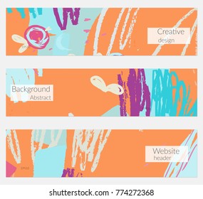 Hand drawn creative universal banner set. Abstract scribbles doodles bright colors. Website header social media advertisement sale brochure templates. Isolated vector banner templates.