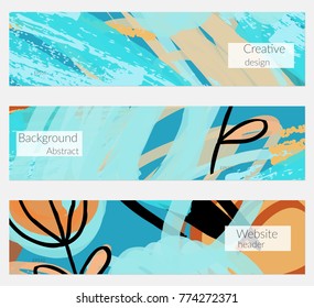 Hand drawn creative universal banner set. Abstract scribbles doodles bright colors. Website header social media advertisement sale brochure templates. Isolated vector banner templates.