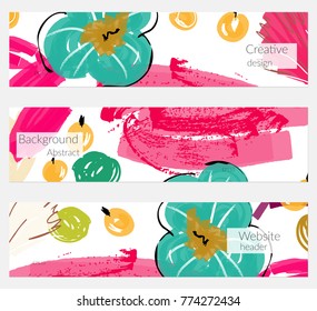 Hand drawn creative universal banner set. Abstract scribbles doodles bright colors. Website header social media advertisement sale brochure templates. Isolated vector banner templates.