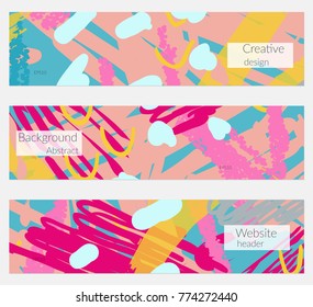 Hand drawn creative universal banner set. Abstract scribbles doodles bright colors. Website header social media advertisement sale brochure templates. Isolated vector banner templates.
