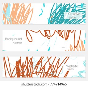 Hand drawn creative universal banner set. Abstract scribbles doodles bright colors. Website header social media advertisement sale brochure templates. Isolated vector banner templates.