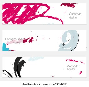 Hand drawn creative universal banner set. Abstract scribbles doodles bright colors. Website header social media advertisement sale brochure templates. Isolated vector banner templates.