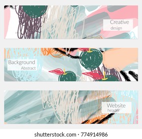 Hand drawn creative universal banner set. Abstract scribbles doodles bright colors. Website header social media advertisement sale brochure templates. Isolated vector banner templates.
