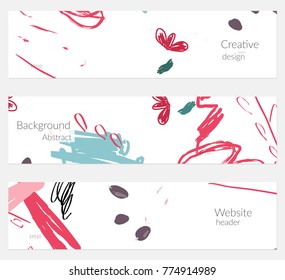 Hand drawn creative universal banner set. Abstract scribbles doodles bright colors. Website header social media advertisement sale brochure templates. Isolated vector banner templates.