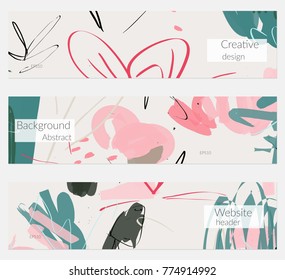 Hand drawn creative universal banner set. Abstract scribbles doodles bright colors. Website header social media advertisement sale brochure templates. Isolated vector banner templates.