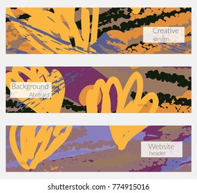 Hand drawn creative universal banner set. Abstract scribbles doodles bright colors. Website header social media advertisement sale brochure templates. Isolated vector banner templates.