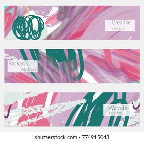 Hand drawn creative universal banner set. Abstract scribbles doodles bright colors. Website header social media advertisement sale brochure templates. Isolated vector banner templates.