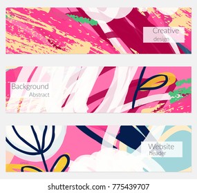 Hand drawn creative universal banner set. Abstract scribbles doodles bright colors. Website header social media advertisement sale brochure templates. Isolated vector banner templates.