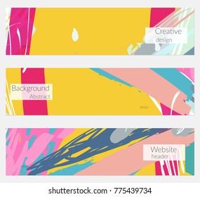 Hand drawn creative universal banner set. Abstract scribbles doodles bright colors. Website header social media advertisement sale brochure templates. Isolated vector banner templates.