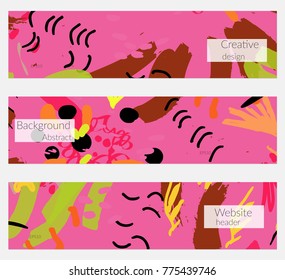 Hand drawn creative universal banner set. Abstract scribbles doodles bright colors. Website header social media advertisement sale brochure templates. Isolated vector banner templates.