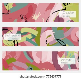 Hand drawn creative universal banner set. Abstract scribbles doodles bright colors. Website header social media advertisement sale brochure templates. Isolated vector banner templates.