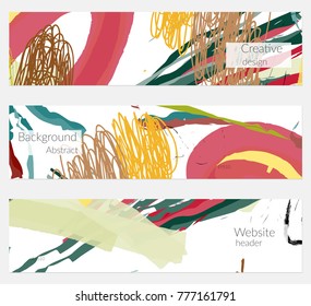 Hand drawn creative universal banner set. Abstract scribbles doodles bright colors. Website header social media advertisement sale brochure templates. Isolated vector banner templates.
