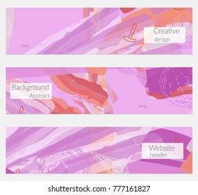 Hand drawn creative universal banner set. Abstract scribbles doodles bright colors. Website header social media advertisement sale brochure templates. Isolated vector banner templates.