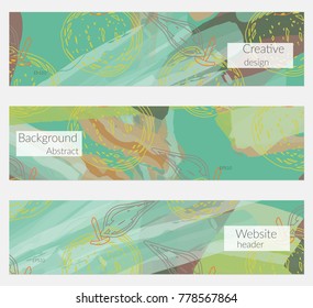 Hand drawn creative universal banner set. Abstract scribbles doodles bright colors. Website header social media advertisement sale brochure templates. Isolated vector banner templates.