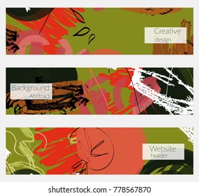 Hand drawn creative universal banner set. Abstract scribbles doodles bright colors. Website header social media advertisement sale brochure templates. Isolated vector banner templates.