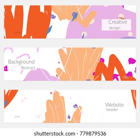 Hand drawn creative universal banner set. Abstract scribbles doodles bright colors. Website header social media advertisement sale brochure templates. Isolated vector banner templates.