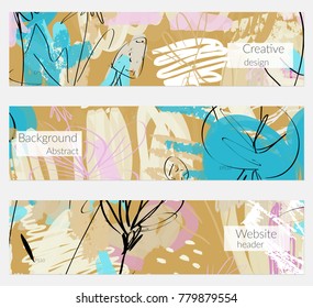 Hand drawn creative universal banner set. Abstract scribbles doodles bright colors. Website header social media advertisement sale brochure templates. Isolated vector banner templates.