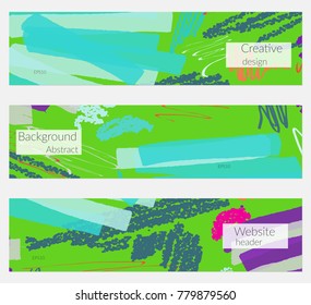 Hand drawn creative universal banner set. Abstract scribbles doodles bright colors. Website header social media advertisement sale brochure templates. Isolated vector banner templates.