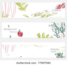 Hand drawn creative universal banner set. Abstract scribbles doodles bright colors. Website header social media advertisement sale brochure templates. Isolated vector banner templates.