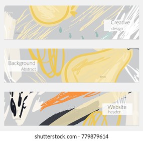 Hand drawn creative universal banner set. Abstract scribbles doodles bright colors. Website header social media advertisement sale brochure templates. Isolated vector banner templates.