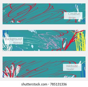 Hand drawn creative universal banner set. Abstract scribbles doodles bright colors. Website header social media advertisement sale brochure templates. Isolated vector banner templates.