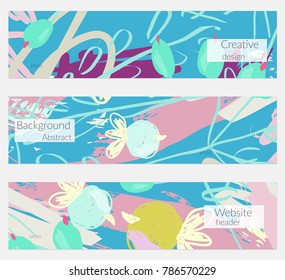 Hand drawn creative universal banner set. Abstract scribbles doodles bright colors. Website header social media advertisement sale brochure templates. Isolated vector banner templates.