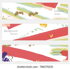 Hand drawn creative universal banner set. Abstract scribbles doodles bright colors. Website header social media advertisement sale brochure templates. Isolated vector banner templates.