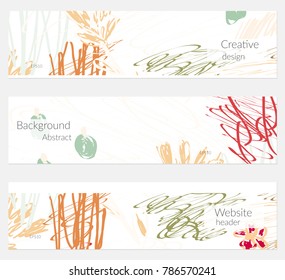 Hand drawn creative universal banner set. Abstract scribbles doodles bright colors. Website header social media advertisement sale brochure templates. Isolated vector banner templates.