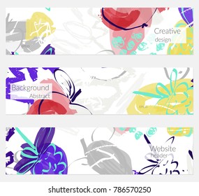 Hand drawn creative universal banner set. Abstract scribbles doodles bright colors. Website header social media advertisement sale brochure templates. Isolated vector banner templates.
