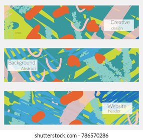 Hand drawn creative universal banner set. Abstract scribbles doodles bright colors. Website header social media advertisement sale brochure templates. Isolated vector banner templates.