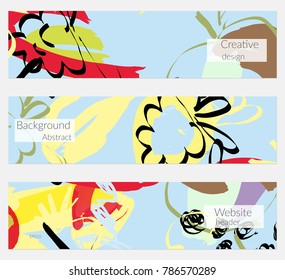 Hand drawn creative universal banner set. Abstract scribbles doodles bright colors. Website header social media advertisement sale brochure templates. Isolated vector banner templates.