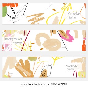 Hand drawn creative universal banner set. Abstract scribbles doodles bright colors. Website header social media advertisement sale brochure templates. Isolated vector banner templates.