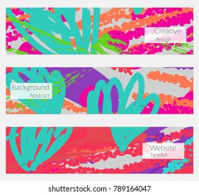 Hand drawn creative universal banner set. Abstract scribbles doodles bright colors. Website header social media advertisement sale brochure templates. Isolated vector banner templates.
