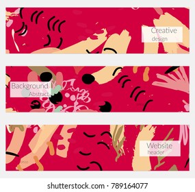 Hand drawn creative universal banner set. Abstract scribbles doodles bright colors. Website header social media advertisement sale brochure templates. Isolated vector banner templates.