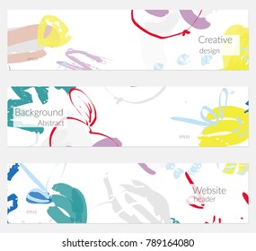 Hand drawn creative universal banner set. Abstract scribbles doodles bright colors. Website header social media advertisement sale brochure templates. Isolated vector banner templates.