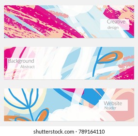 Hand drawn creative universal banner set. Abstract scribbles doodles bright colors. Website header social media advertisement sale brochure templates. Isolated vector banner templates.